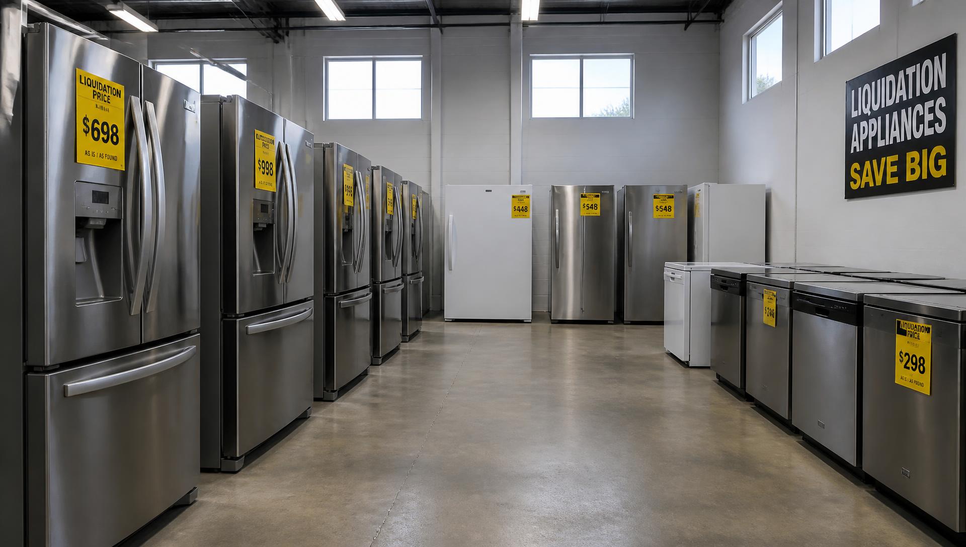 Rows of discounted refrigerators and dishwashers inside the Springcreek LLC warehouse
